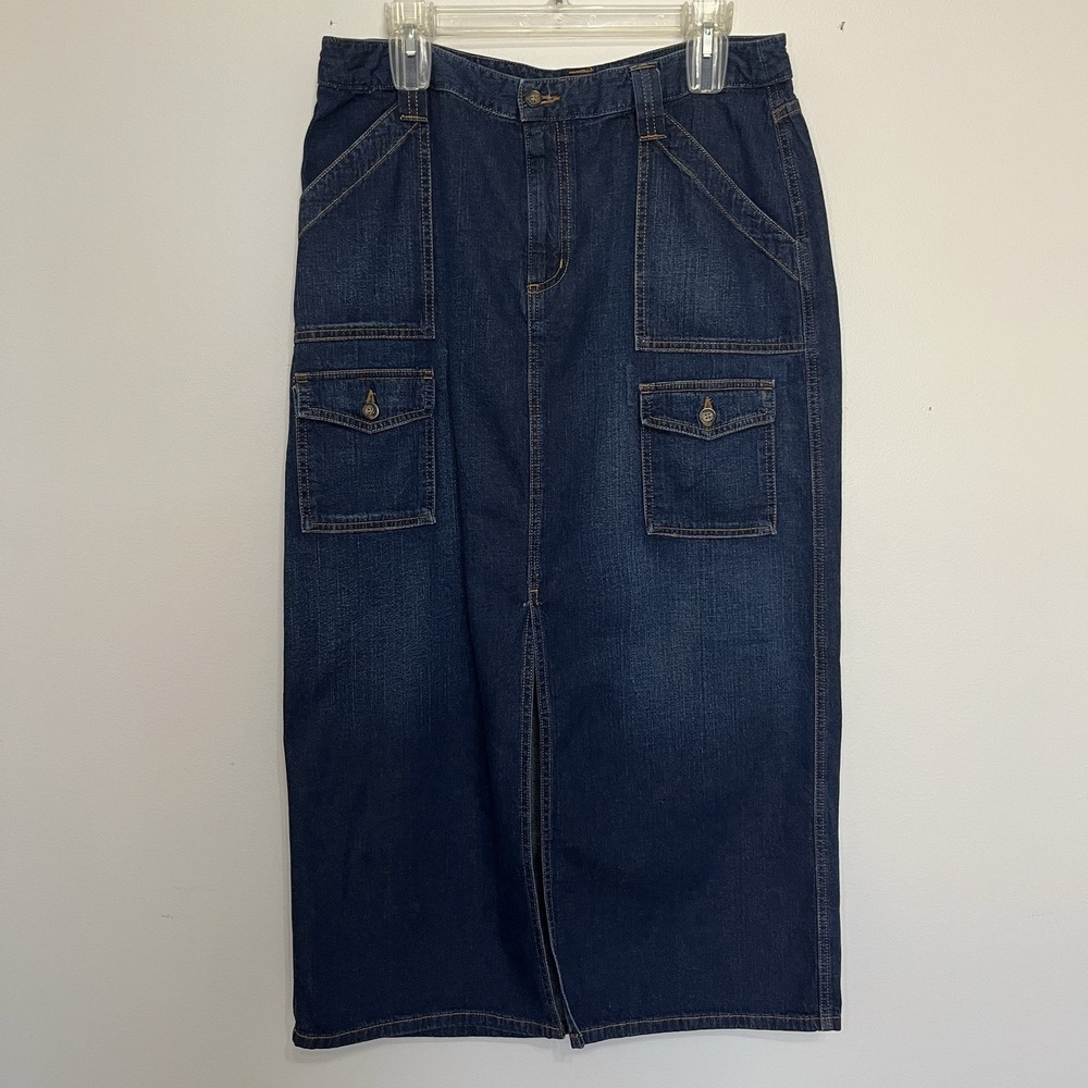 Vintage Denim Maxi Skirt with Pockets Womens 14 Dark Wash Cowgirl Country Y2K